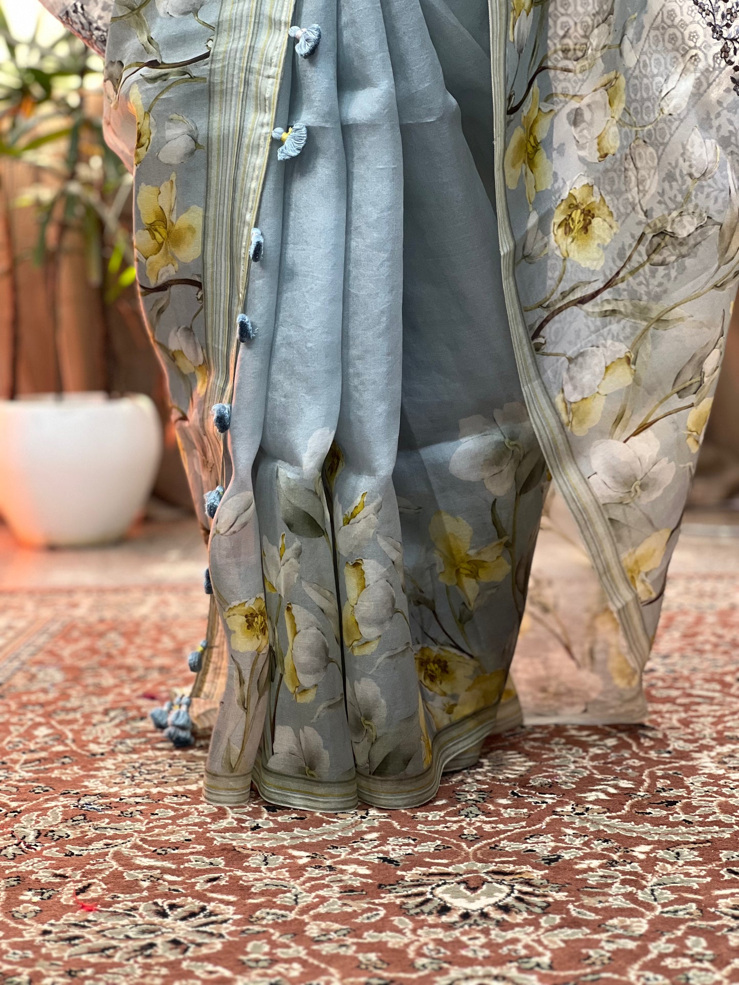 Grey Printed Organza Silk Saree