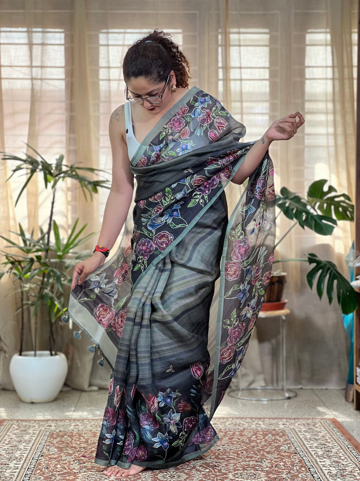 Black Printed Organza Silk Saree