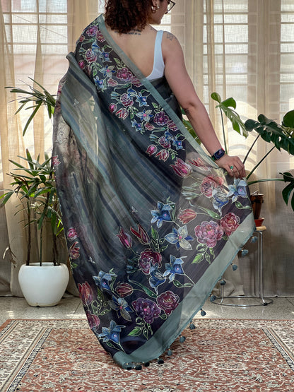 Black Printed Organza Silk Saree