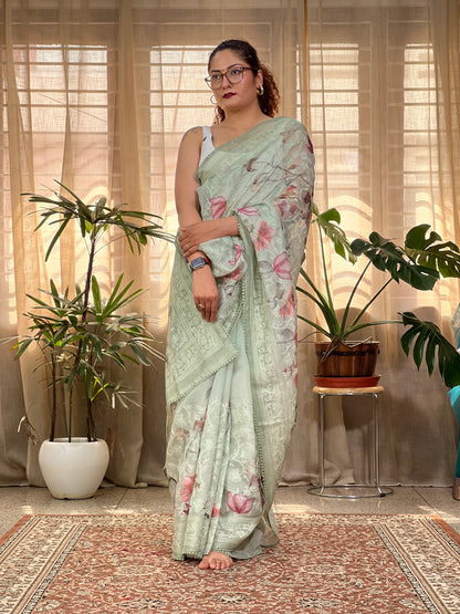 Green Printed Organza Silk Saree