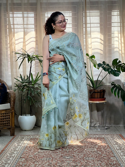 Green Printed Organza Silk Saree