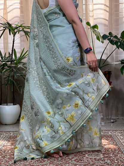 Green Printed Organza Silk Saree