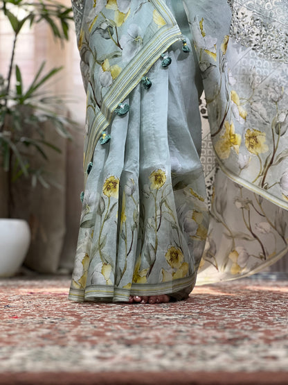 Green Printed Organza Silk Saree