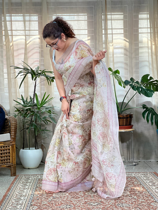 Soft Pink Printed Organza silk Saree