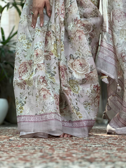 Soft Pink Printed Organza silk Saree