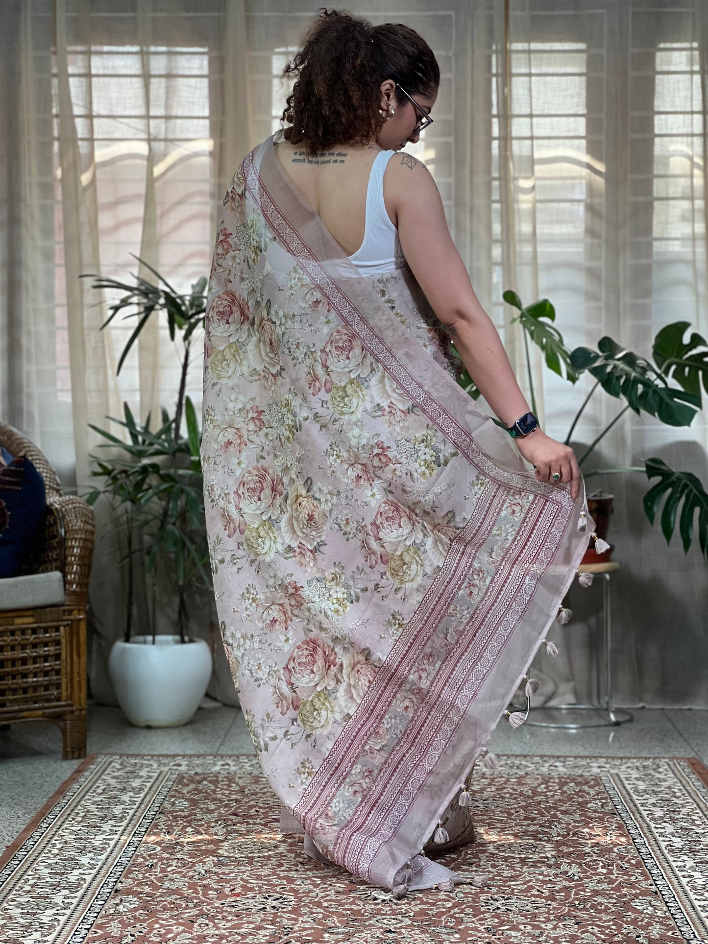 Soft Pink Printed Organza silk Saree