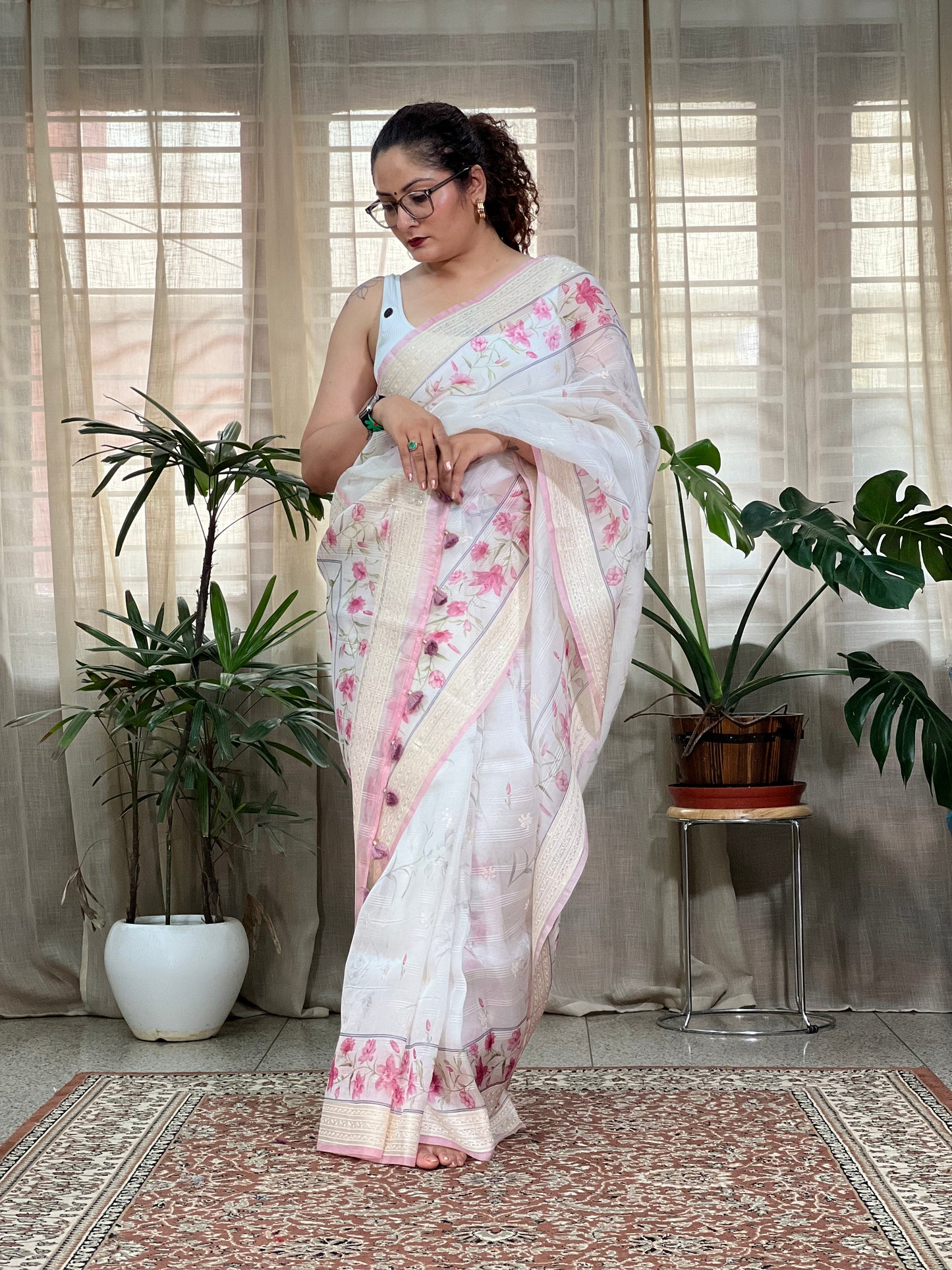 White Printed Organza Silk Saree