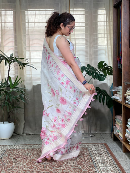 White Printed Organza Silk Saree