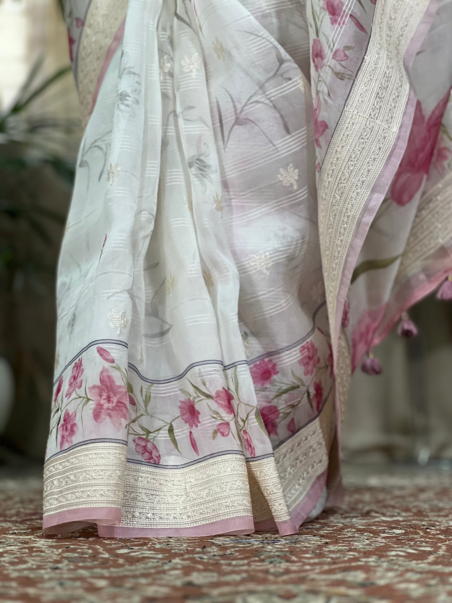 White Printed Organza Silk Saree