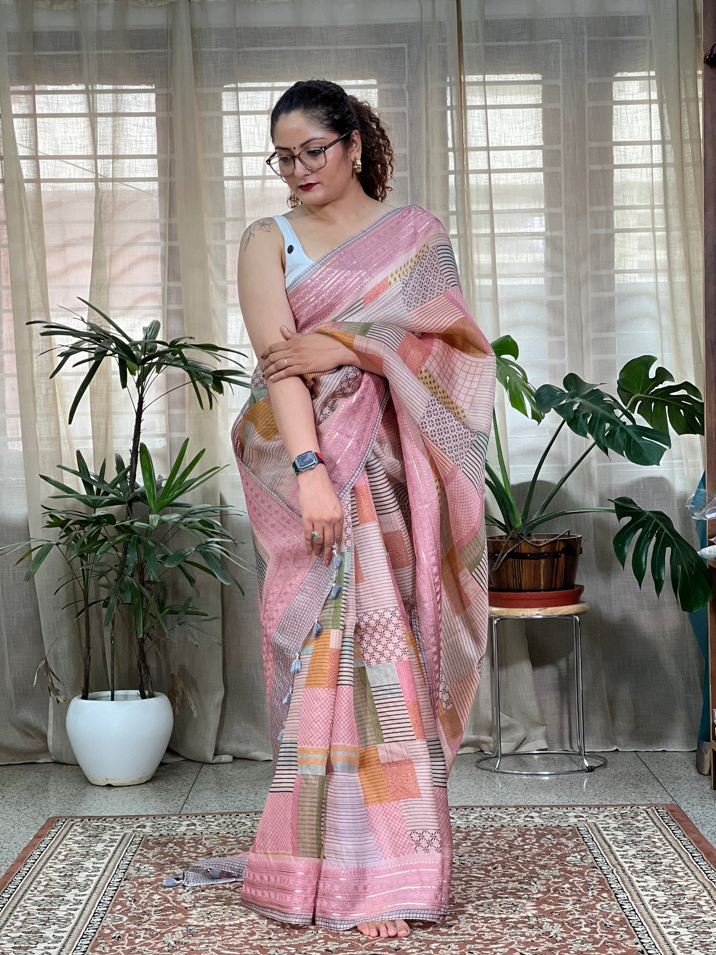 Soft Pink Printed Organza Silk Saree