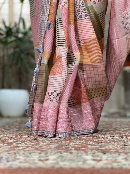 Soft Pink Printed Organza Silk Saree