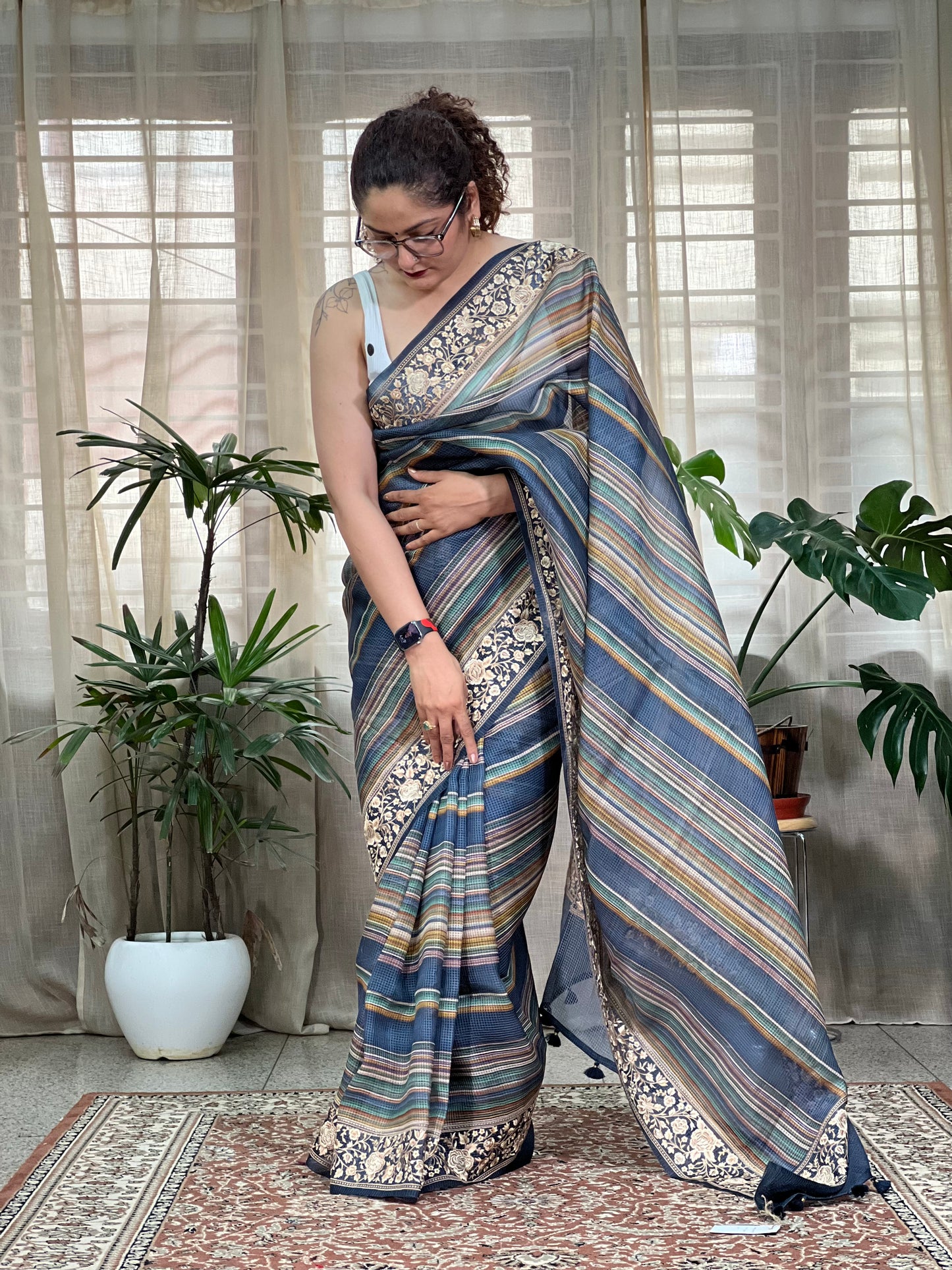 Blue Printed Organza Silk Saree