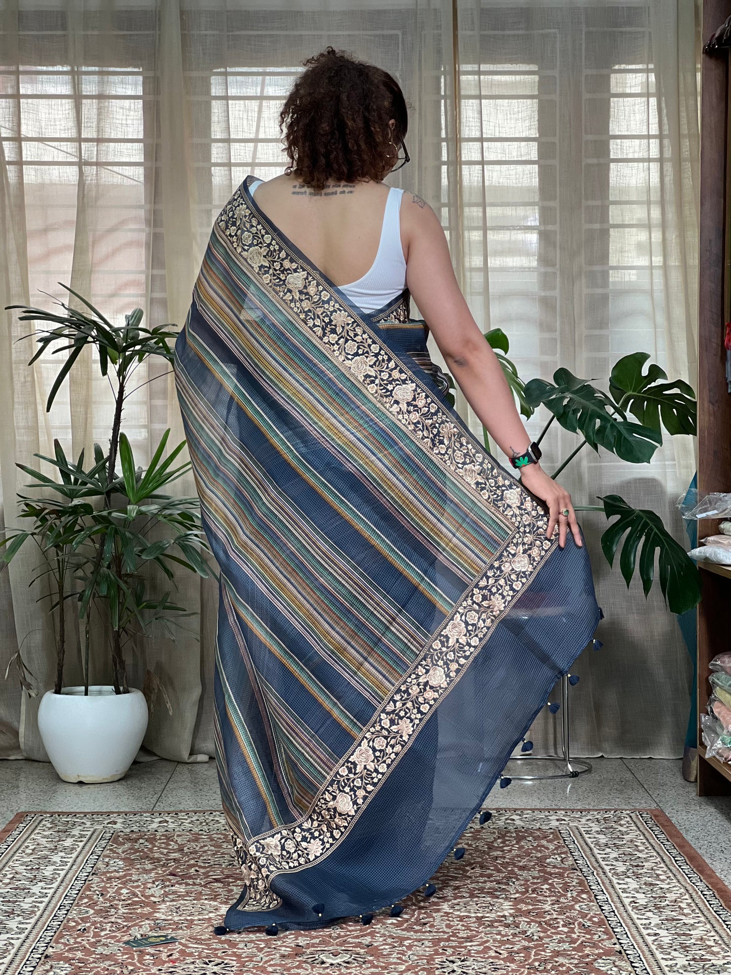 Blue Printed Organza Silk Saree