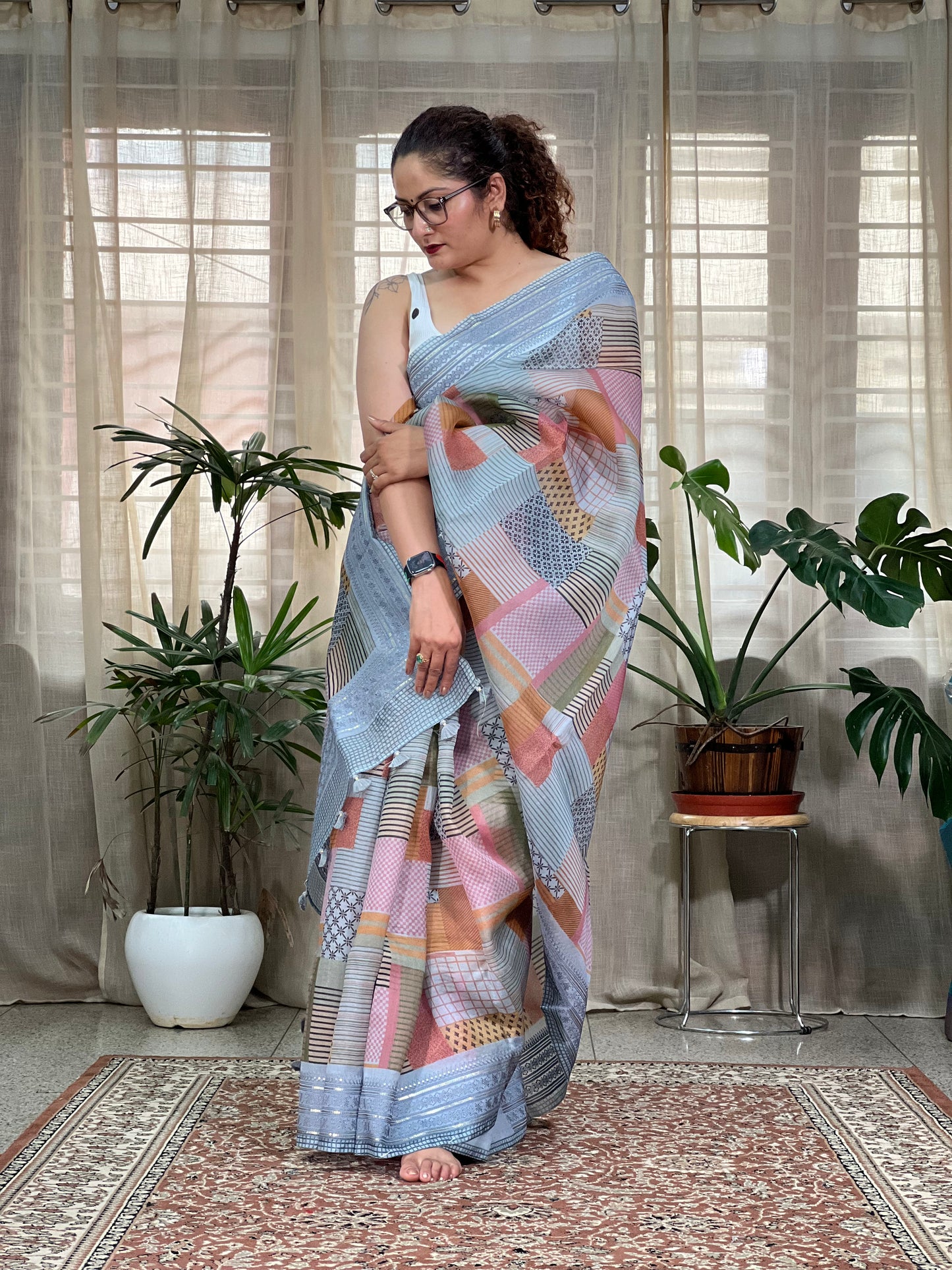 Grey Printed Organza Silk Saree