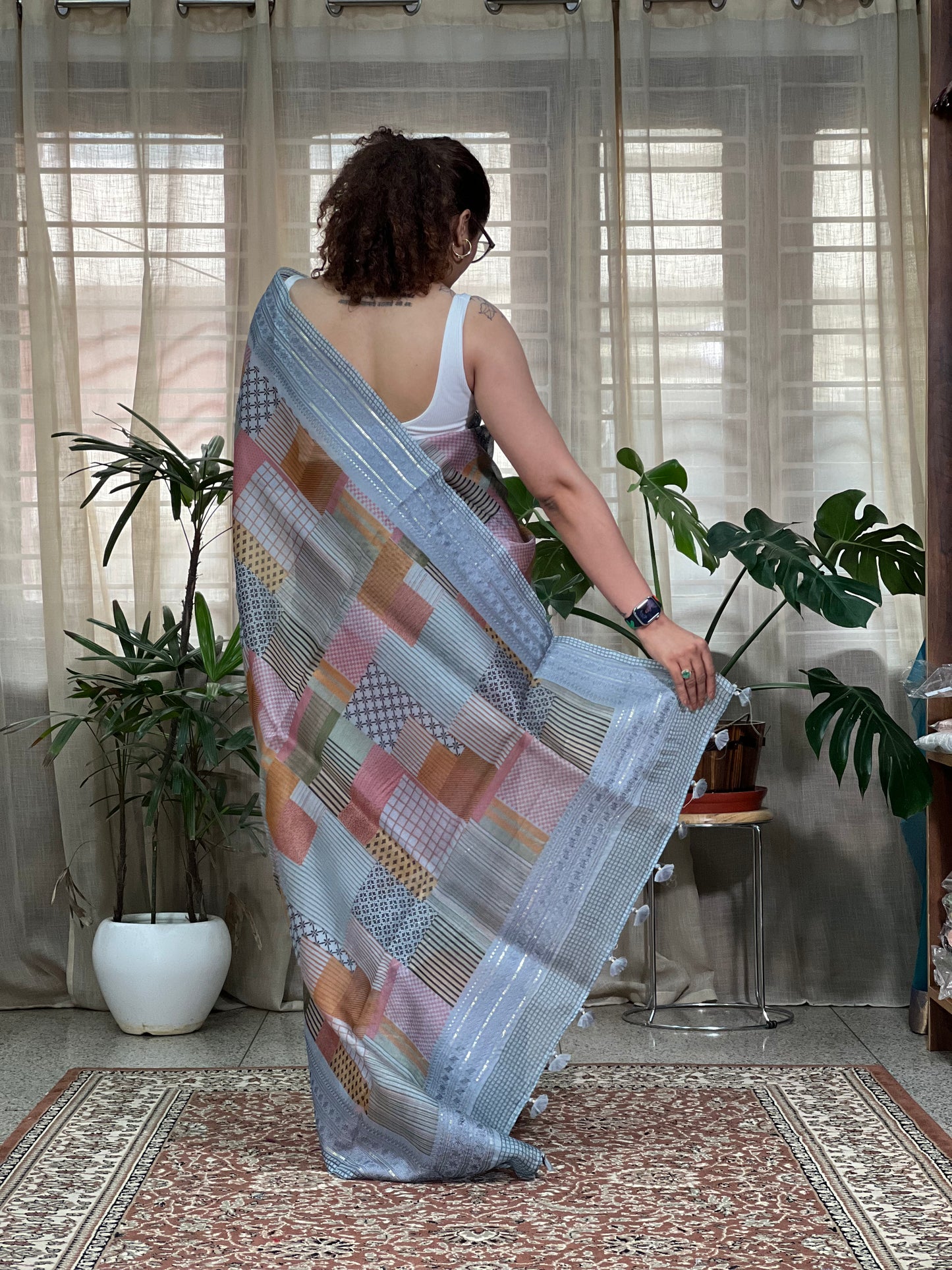 Grey Printed Organza Silk Saree