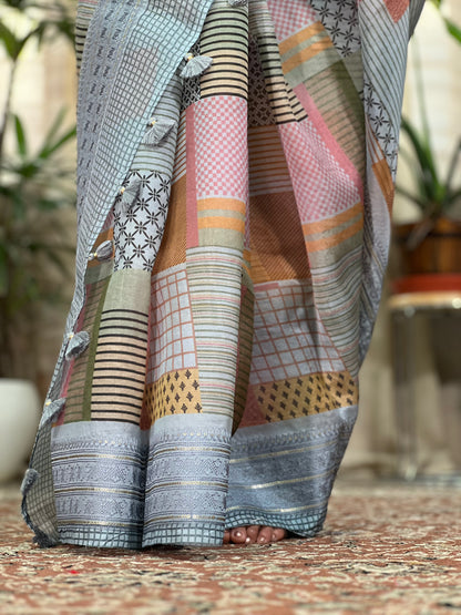 Grey Printed Organza Silk Saree