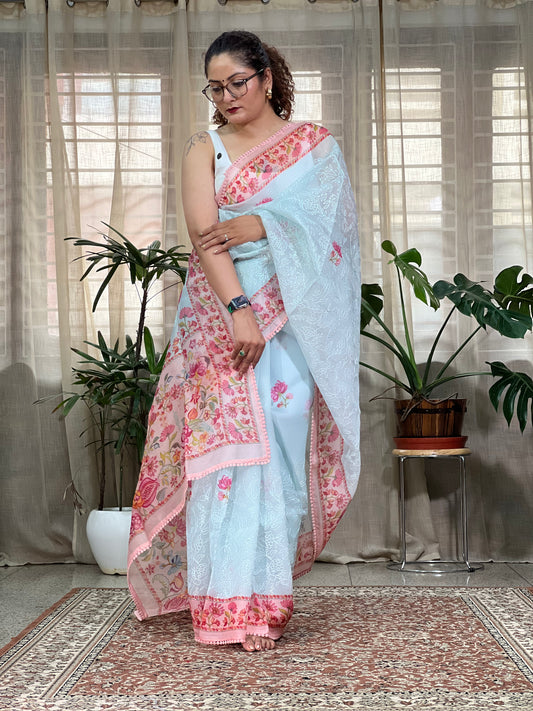 Blue Printed Organza Silk Saree