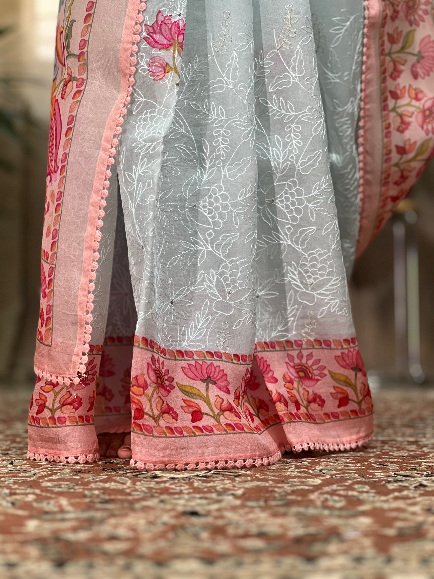 Blue Printed Organza Silk Saree