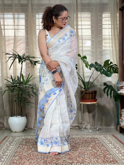 White Printed Organza Silk Saree