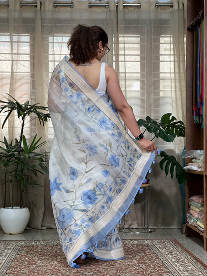 White Printed Organza Silk Saree