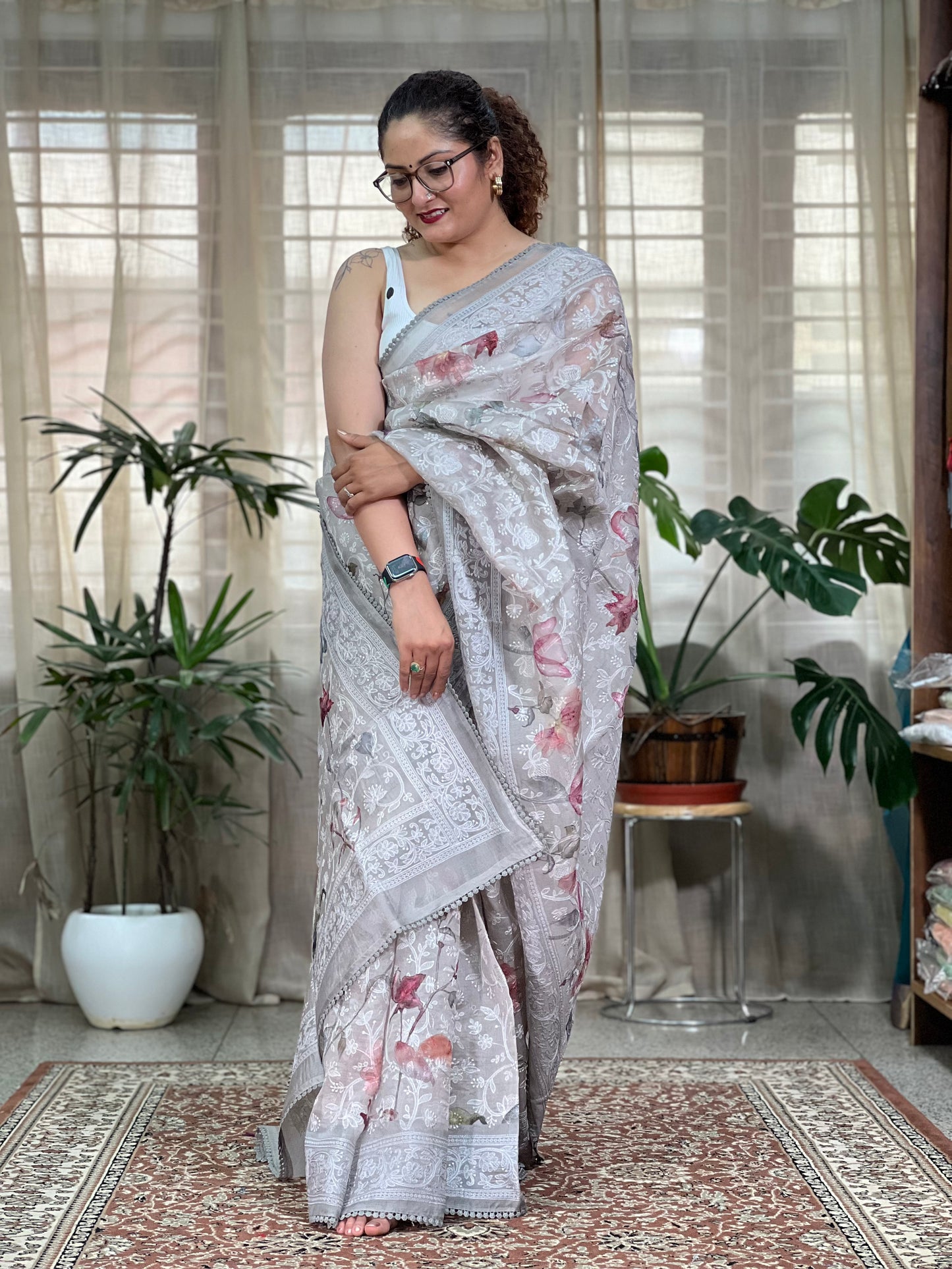 Grey Printed Organza Silk Saree