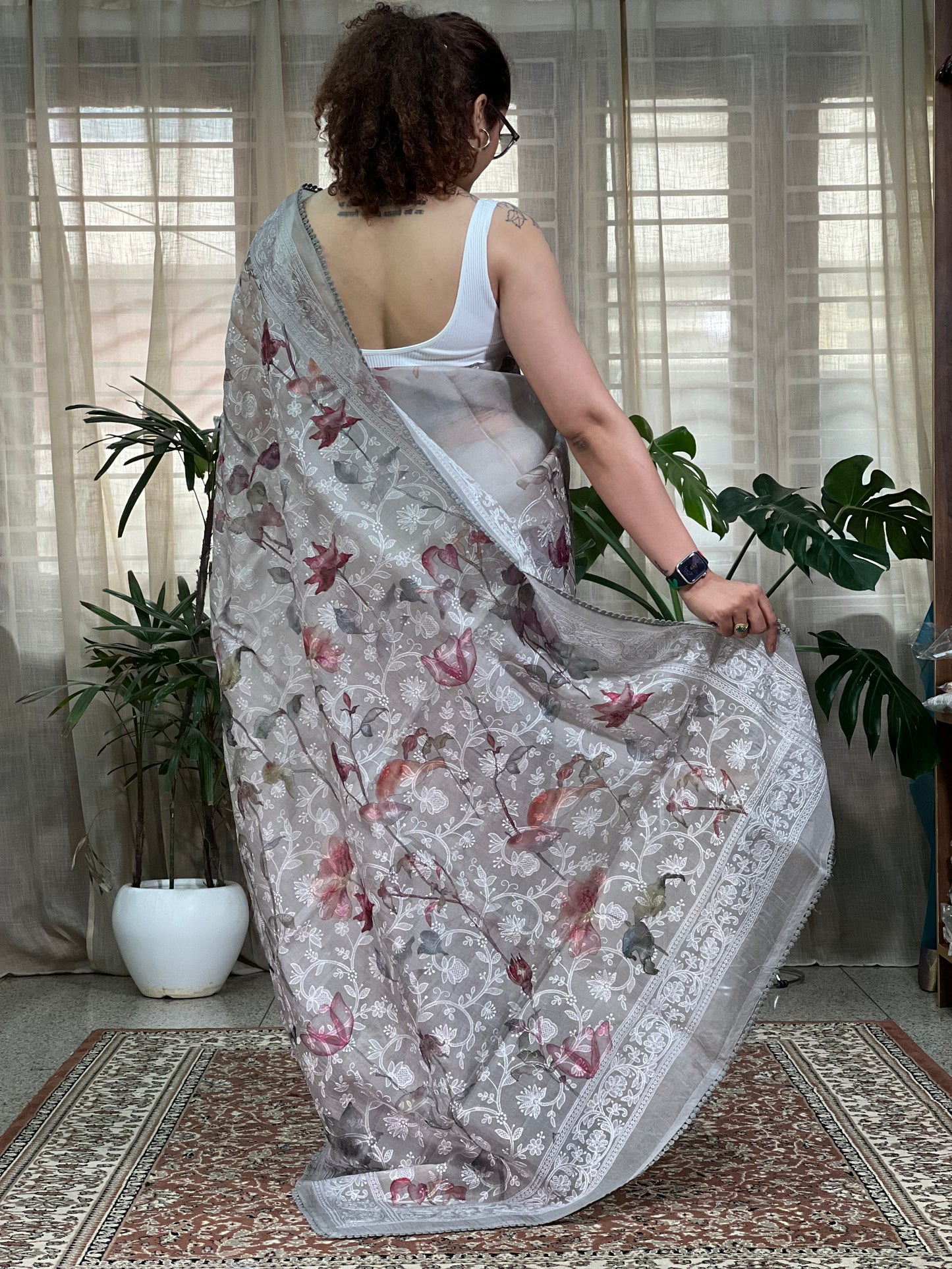 Grey Printed Organza Silk Saree