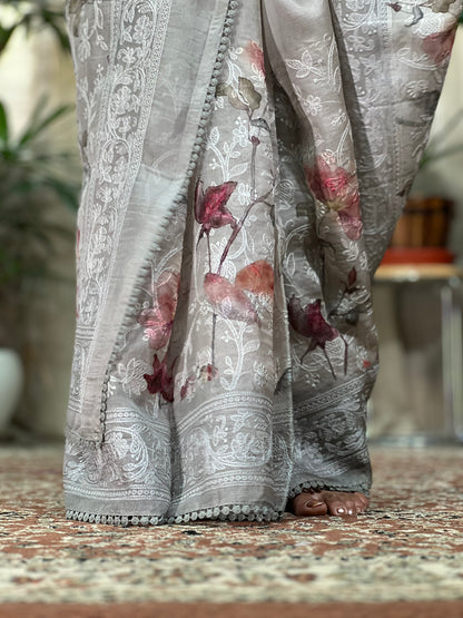 Grey Printed Organza Silk Saree