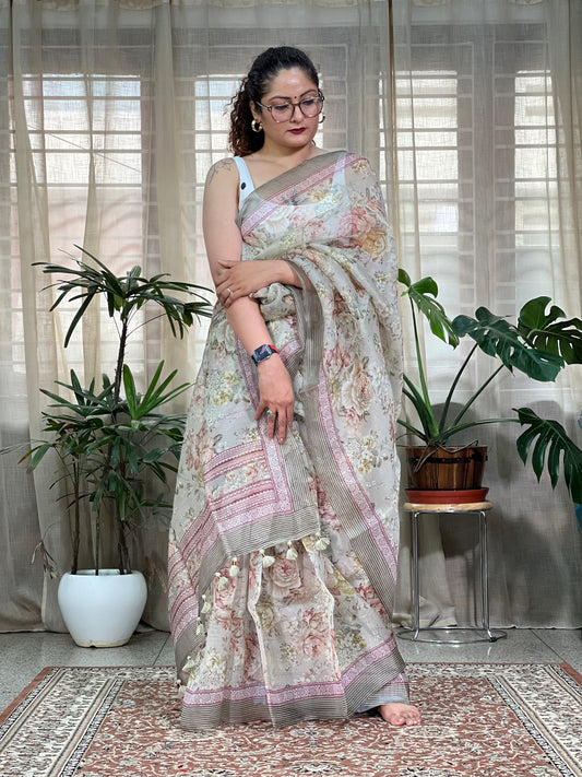 Olive Printed Organza Silk Saree