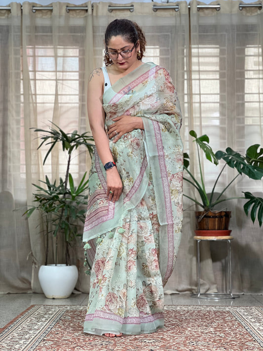 Green Printed Organza Silk Saree