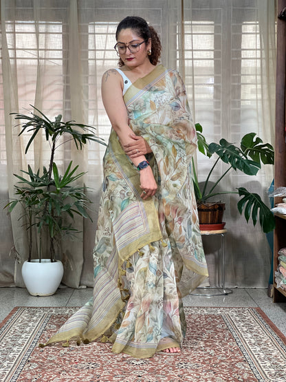 Green Printed Organza Silk Saree