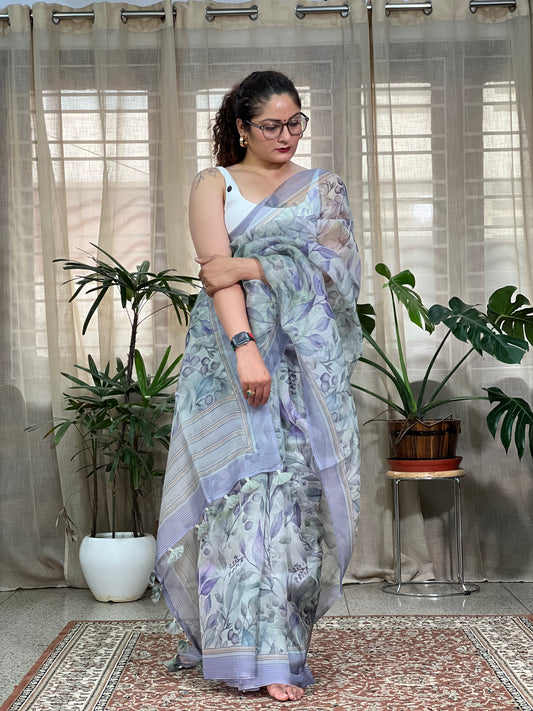 Blue Printed Organza Silk Saree