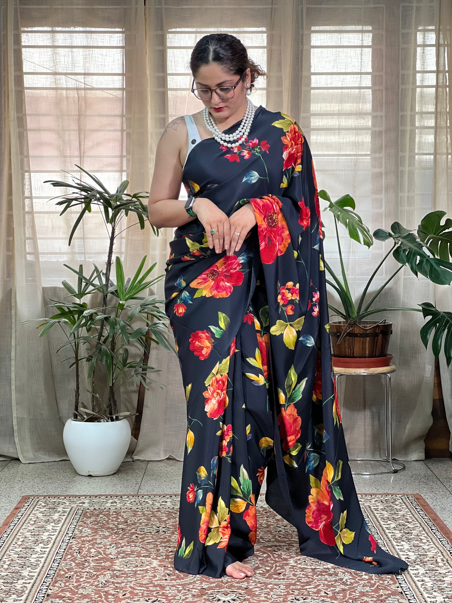 Black Printed Crepe Silk Saree