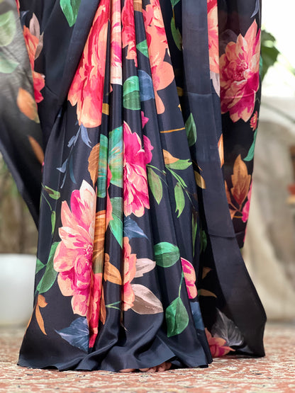 Black Printed Crepe Silk Saree