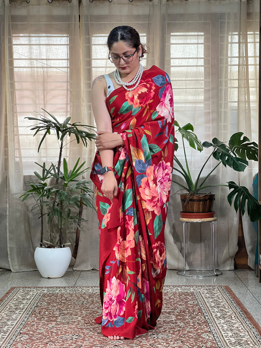 Red Printed Crepe Silk Saree