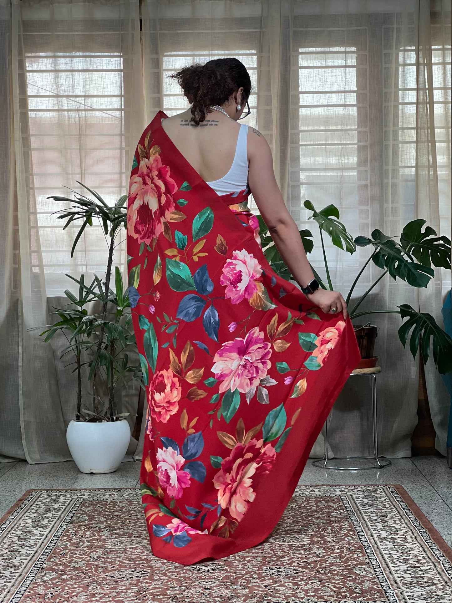 Red Printed Crepe Silk Saree