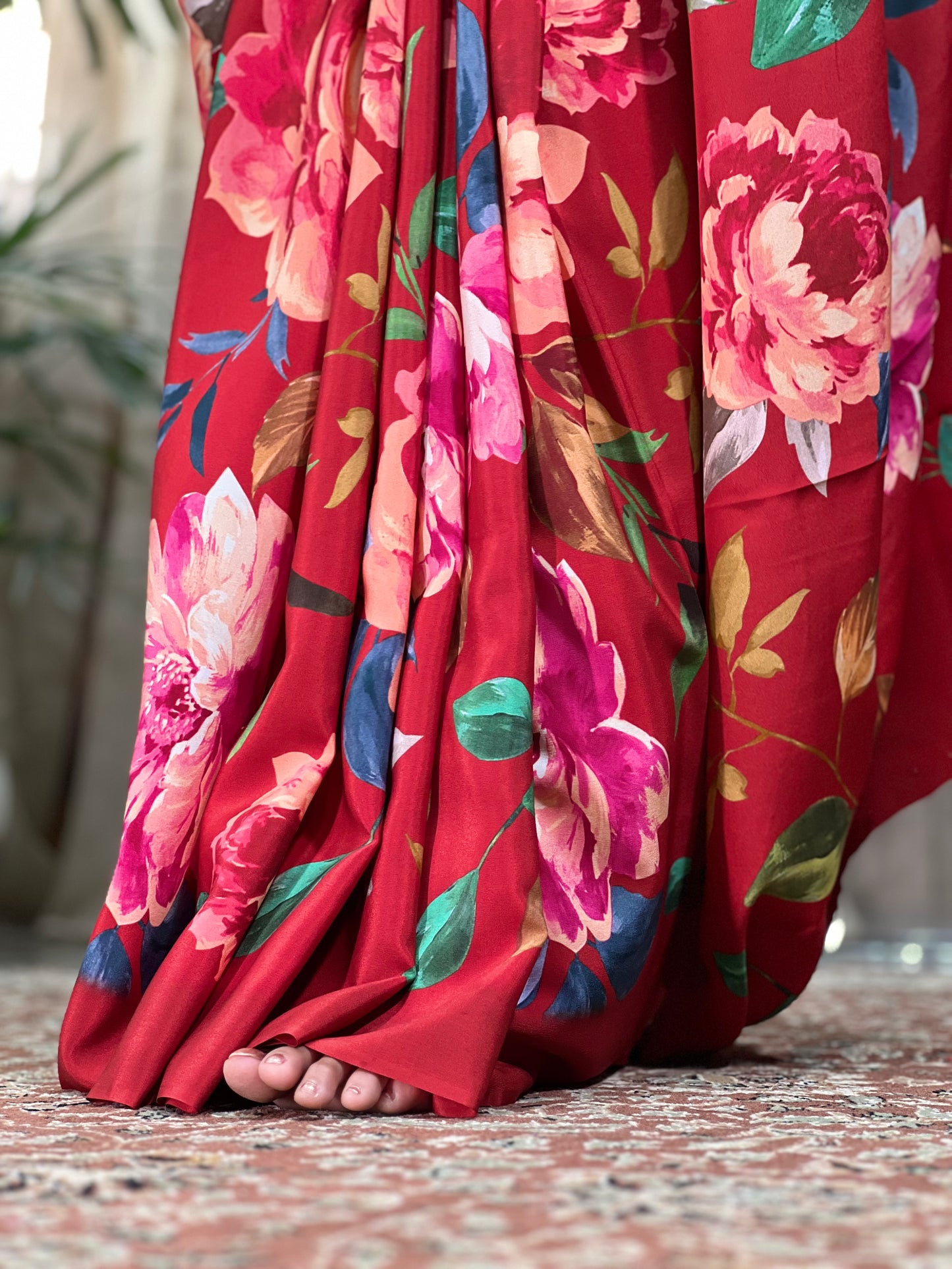 Red Printed Crepe Silk Saree