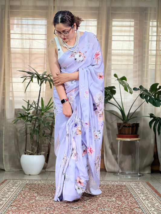 Lilac Printed Crepe Silk Saree