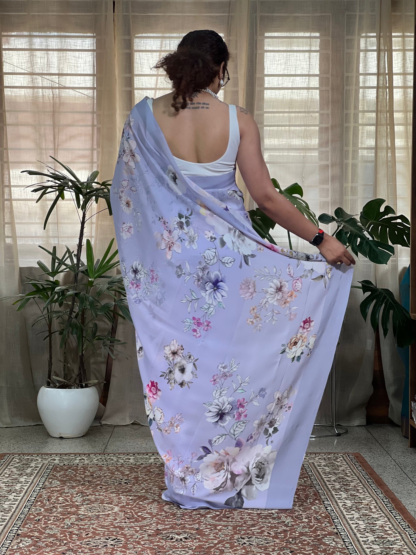 Lilac Printed Crepe Silk Saree