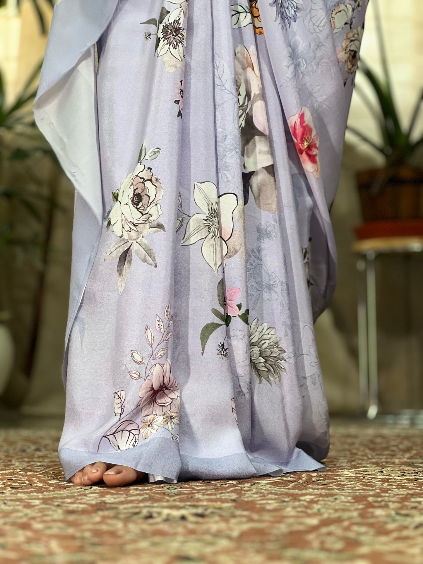 Lilac Printed Crepe Silk Saree