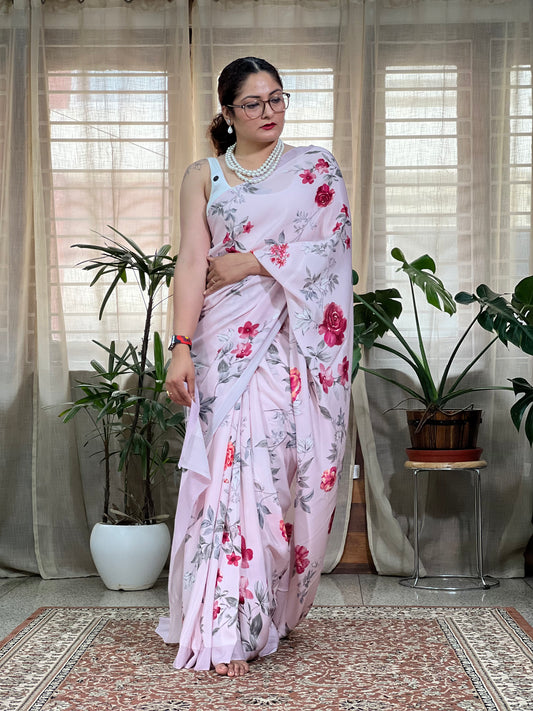 Pink Printed Crepe Silk Saree