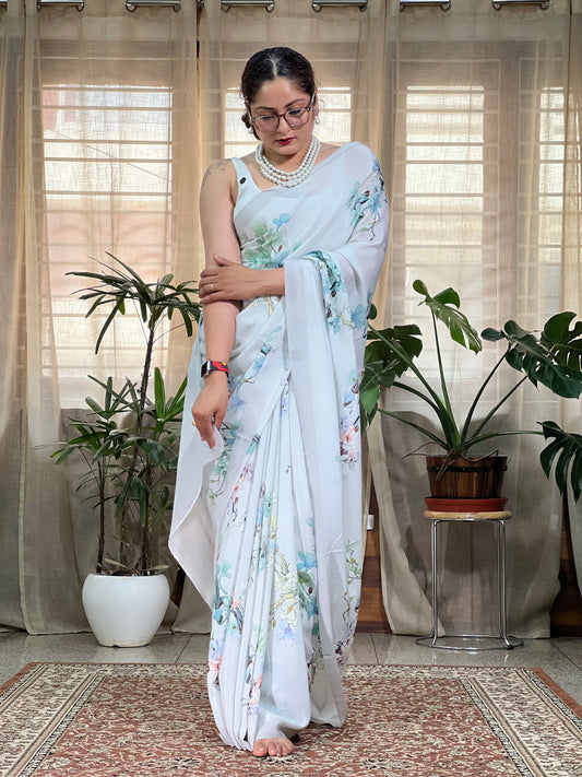 Grey Printed Crepe Silk Saree