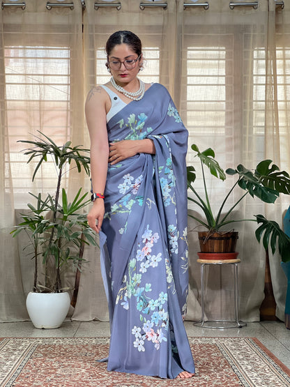 Grey Printed Crepe Silk Saree