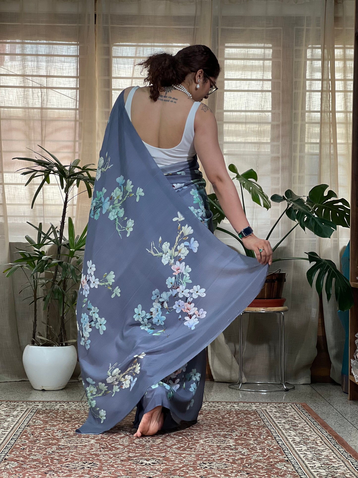 Grey Printed Crepe Silk Saree