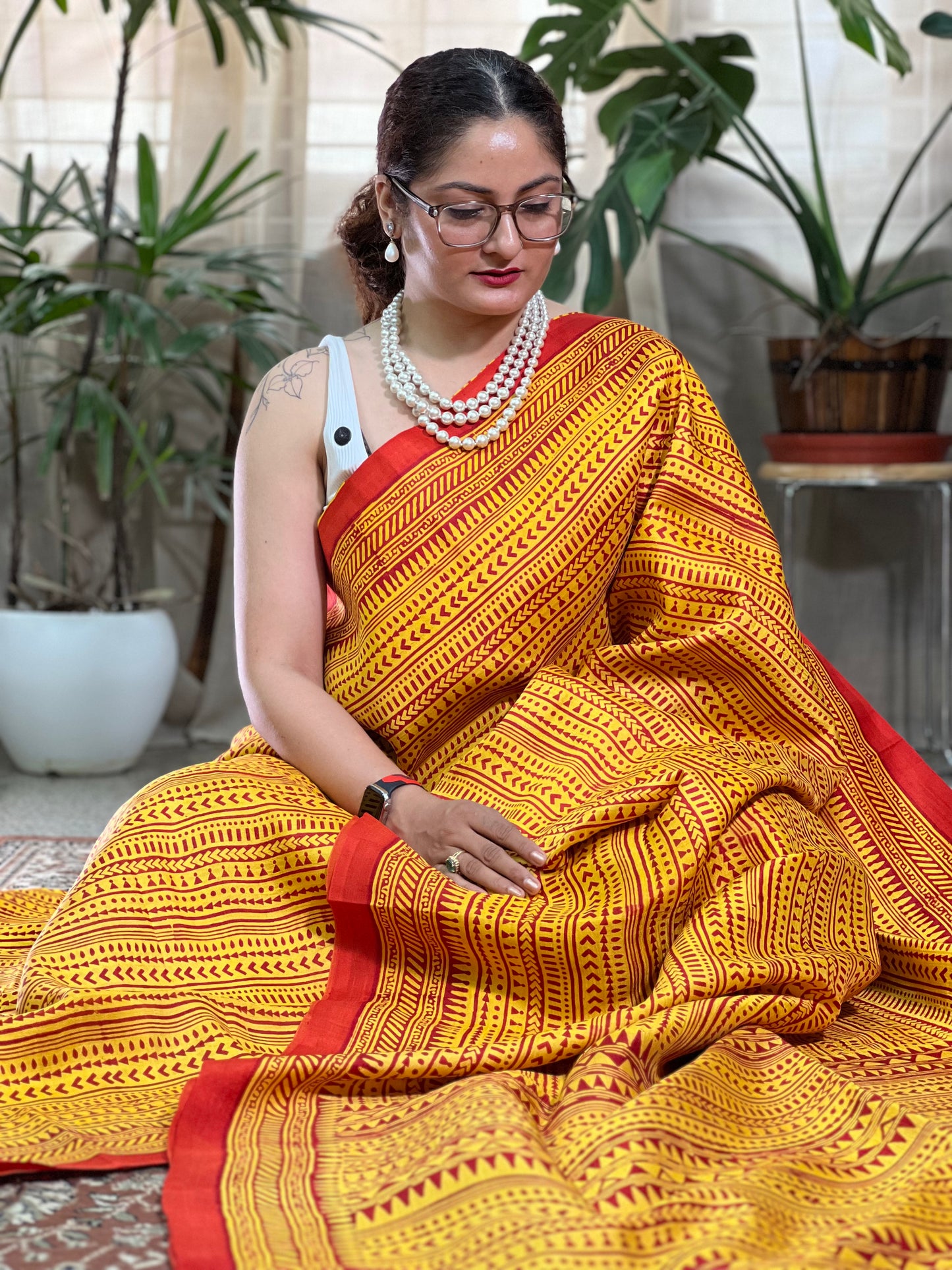 Yellow Printed Silk Saree