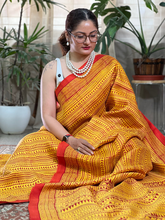 Yellow Printed Silk Saree