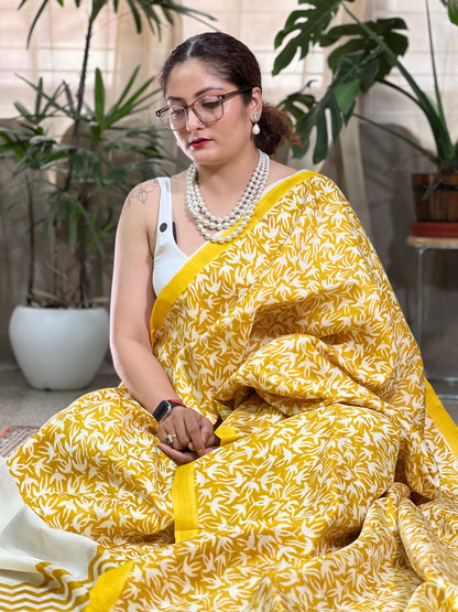 White Yellow Printed Silk Saree