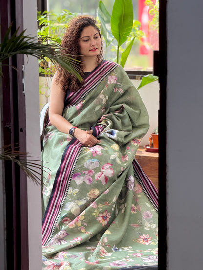 Olive Green Printed Silk Cotton Kota Saree