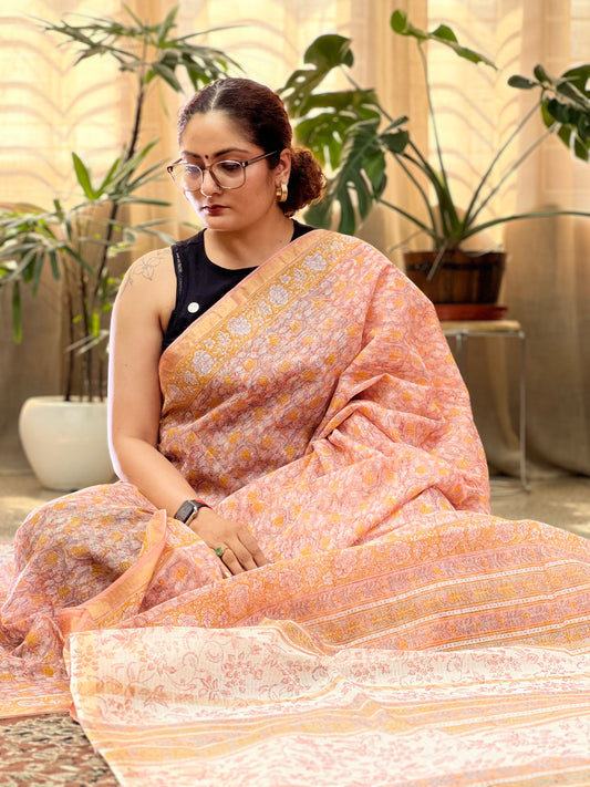 Peach Handblock Printed Kota Doria Saree