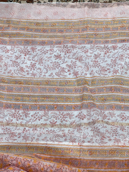 Peach Handblock Printed Kota Doria Saree