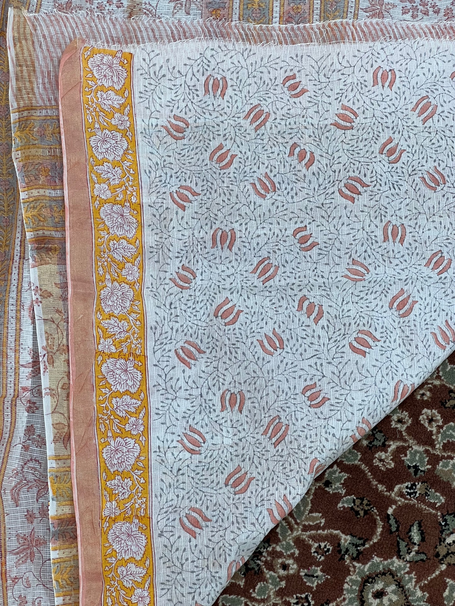 Peach Handblock Printed Kota Doria Saree